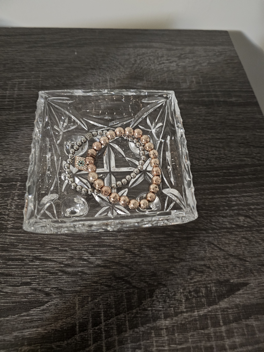 Crystal Glass Jewelry Tray with Rose Gold & Silver Bead Bracelets